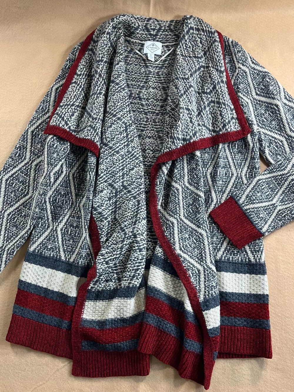 St John’s Bay Women’s XL Open Front Cardigan Sweater Black Gray Burgundy Aztec
